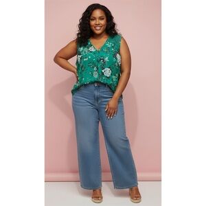 New Daniel Rainn Tropical Green Floral Sleeveless Blouse Crochet Lace Womens 2X